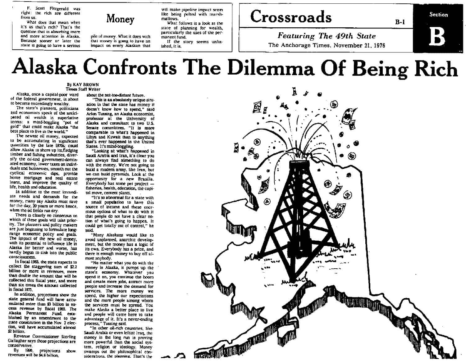 1978 scan of a newspaper with the headline "Alaska confronts the dilemma of being rich"